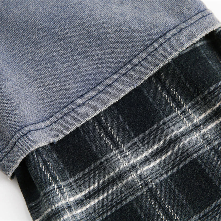 Vintage Plaid Patchwork Oversized Long Sleeve Tee — fabric close-up