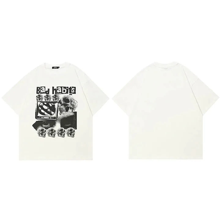 Grunge Beige Skull Graphic T-Shirt — flat lay