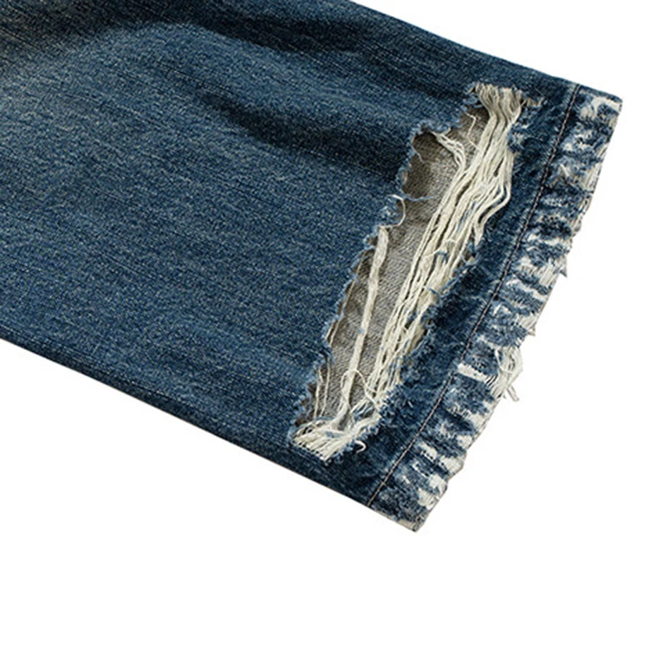 Vintage Ripped Denim Baggy Jeans — fabric close-up