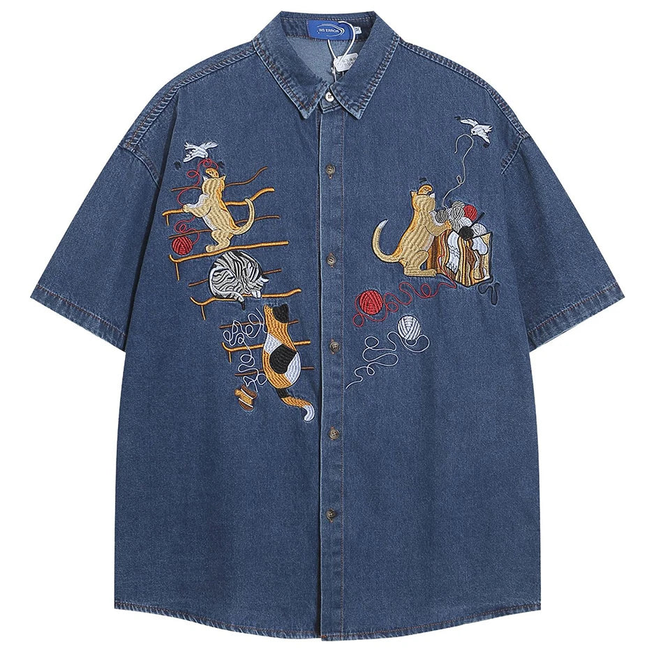 Vintage Cat Embroidered Denim Loose Shirt — styling shot