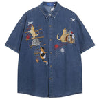Vintage Cat Embroidered Denim Loose Shirt — styling shot