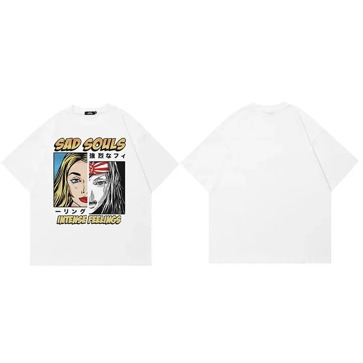 Y2K White Cartoon Graphic T-Shirt — fabric close-up