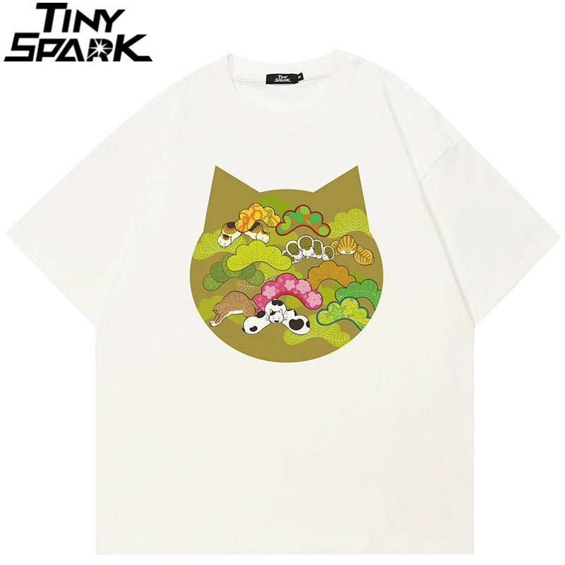 Y2K White Cartoon Cats Graphic T-Shirt — front view