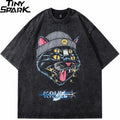 Retro Black Cat Washed Oversized T-Shirt — front view