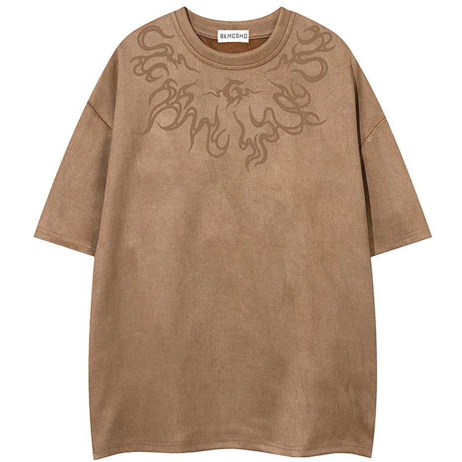 Y2K Vintage Graphic Suede Oversized T-Shirt — fabric close-up