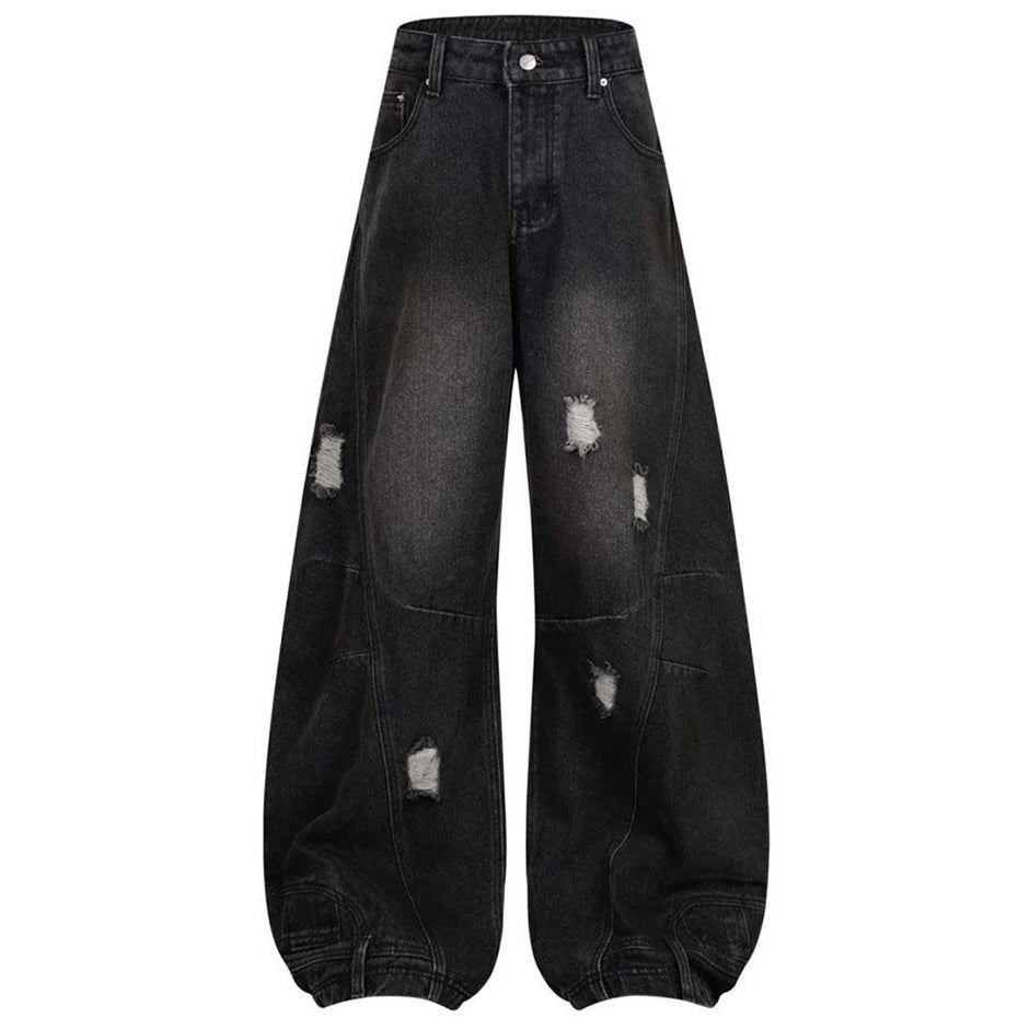 Vintage Blue Ripped Denim Wide Leg Jeans — back view