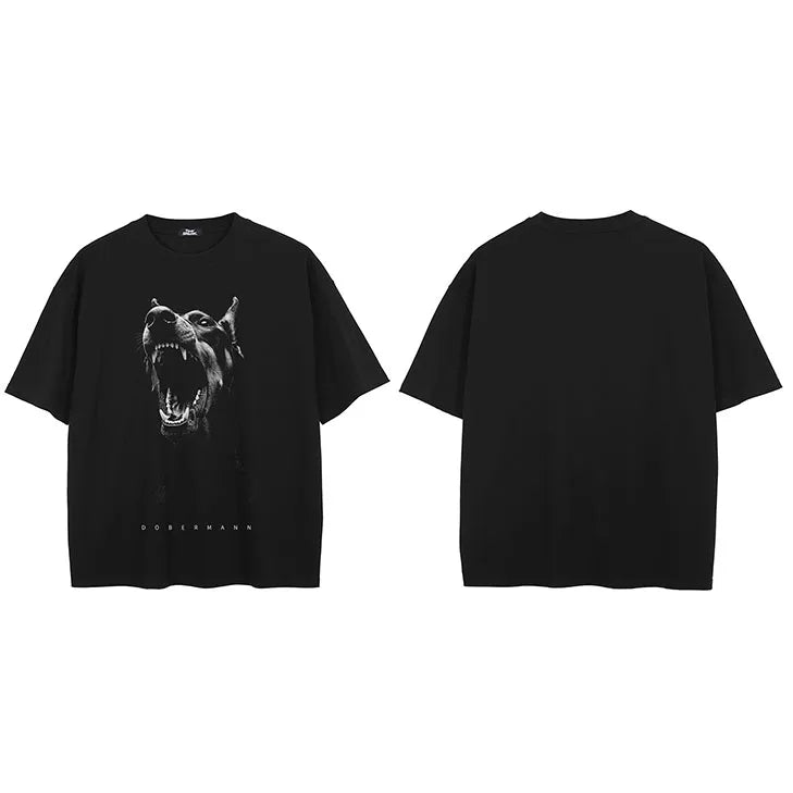 Black Doberman Dog Faded T-Shirt — fabric close-up