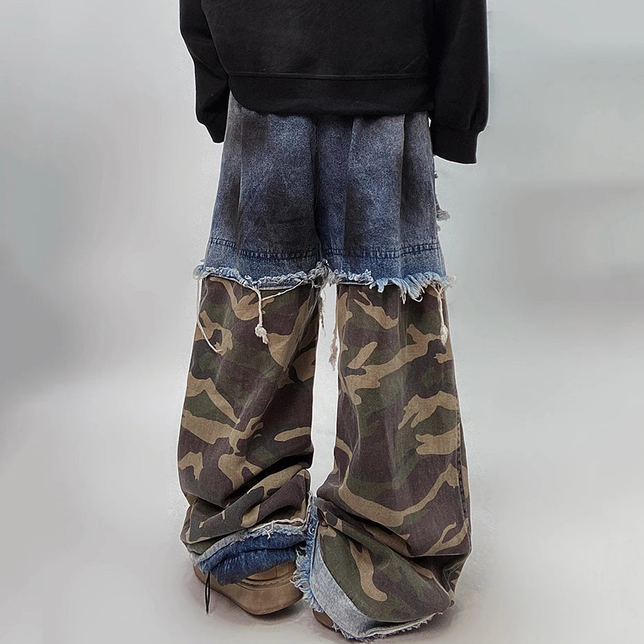 Vintage Camouflage Patchwork Denim Wide Leg Jeans — fabric close-up