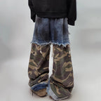 Vintage Camouflage Patchwork Denim Wide Leg Jeans — fabric close-up