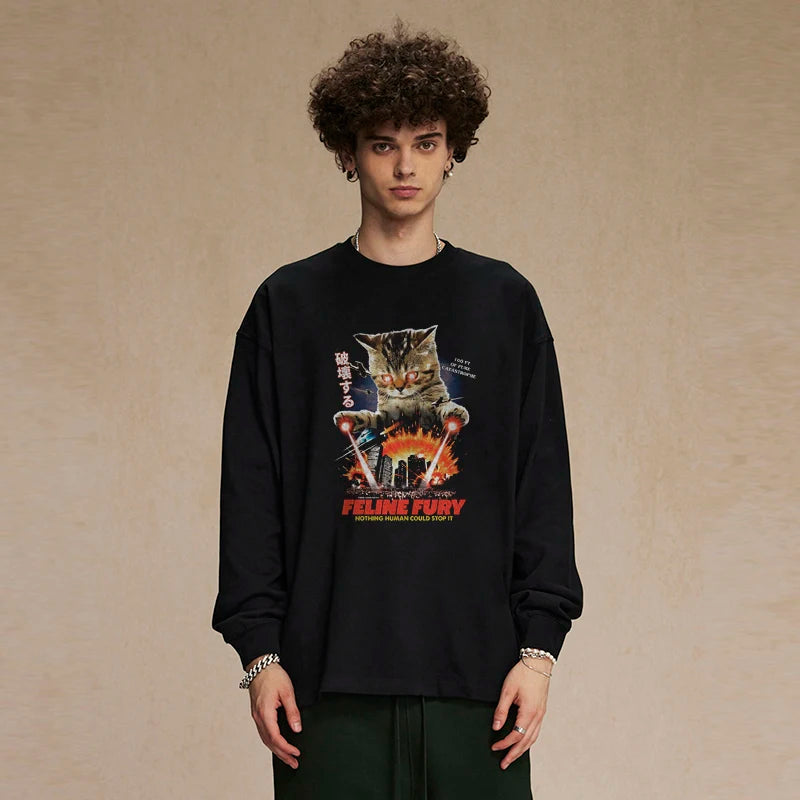 Black Cat Graphic Long Sleeve Tee — front view