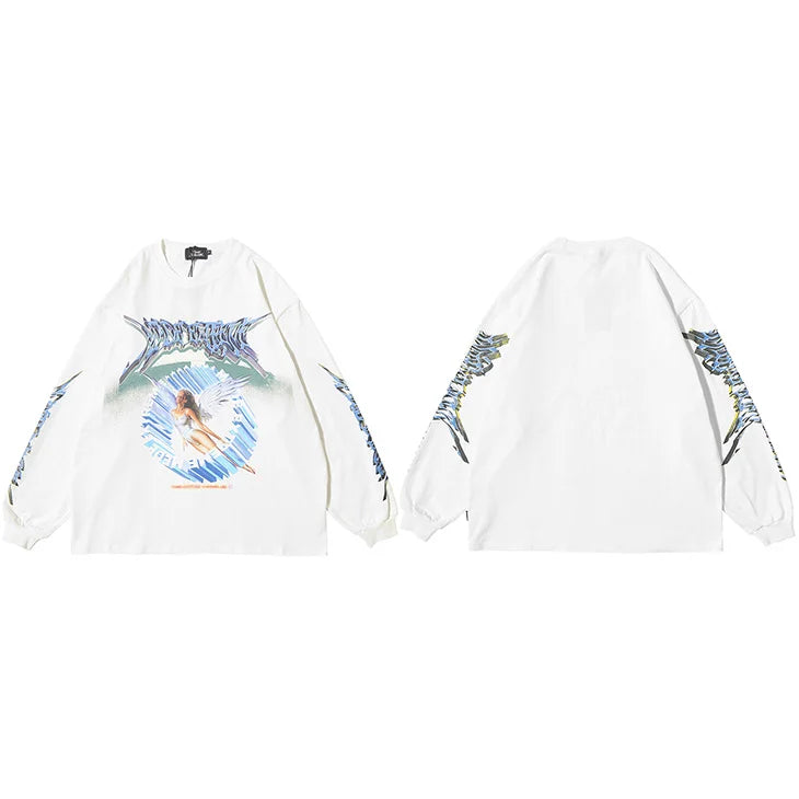 Retro Angel Print Loose T-Shirt — close-up