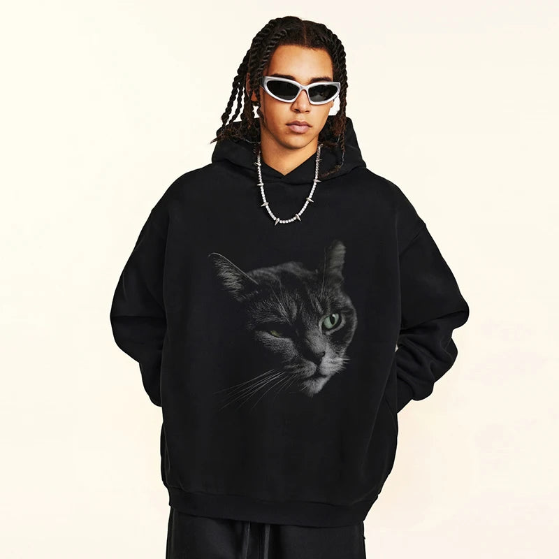 Green Eye Cat Print Hoodie — front view