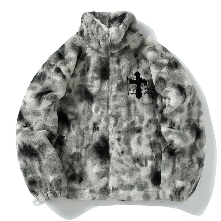 Vintage Cross Embroidered Fleece Oversized Coat — detail shot