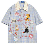 Vintage Cartoon Plaid Embroidered Loose Shirt — styling shot