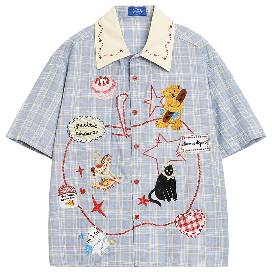 Vintage Cartoon Plaid Embroidered Loose Shirt — styling shot