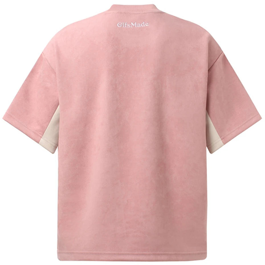 Patchwork Vintage Embroidered Suede Oversized T-Shirt — detail shot