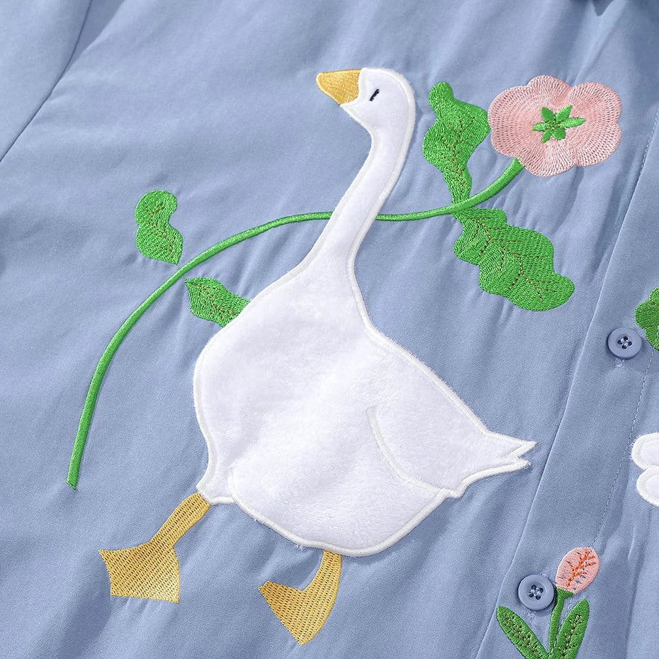 Blue Flower Embroidered Shirt — fabric close-up