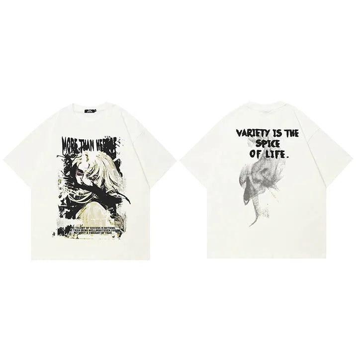White Anime Cartoon Print T-Shirt — fabric close-up
