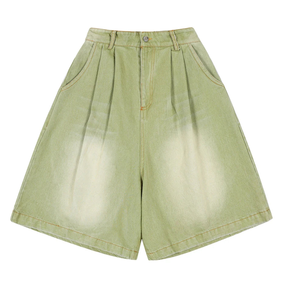 Vintage Blue Wide Leg Denim Shorts — fabric close-up