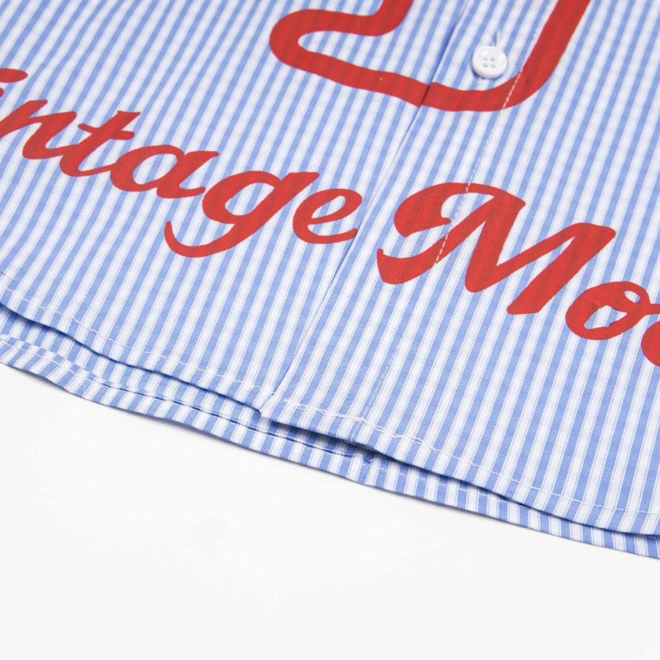 Vintage Dog Striped Graphic Loose Shirt — fit shot