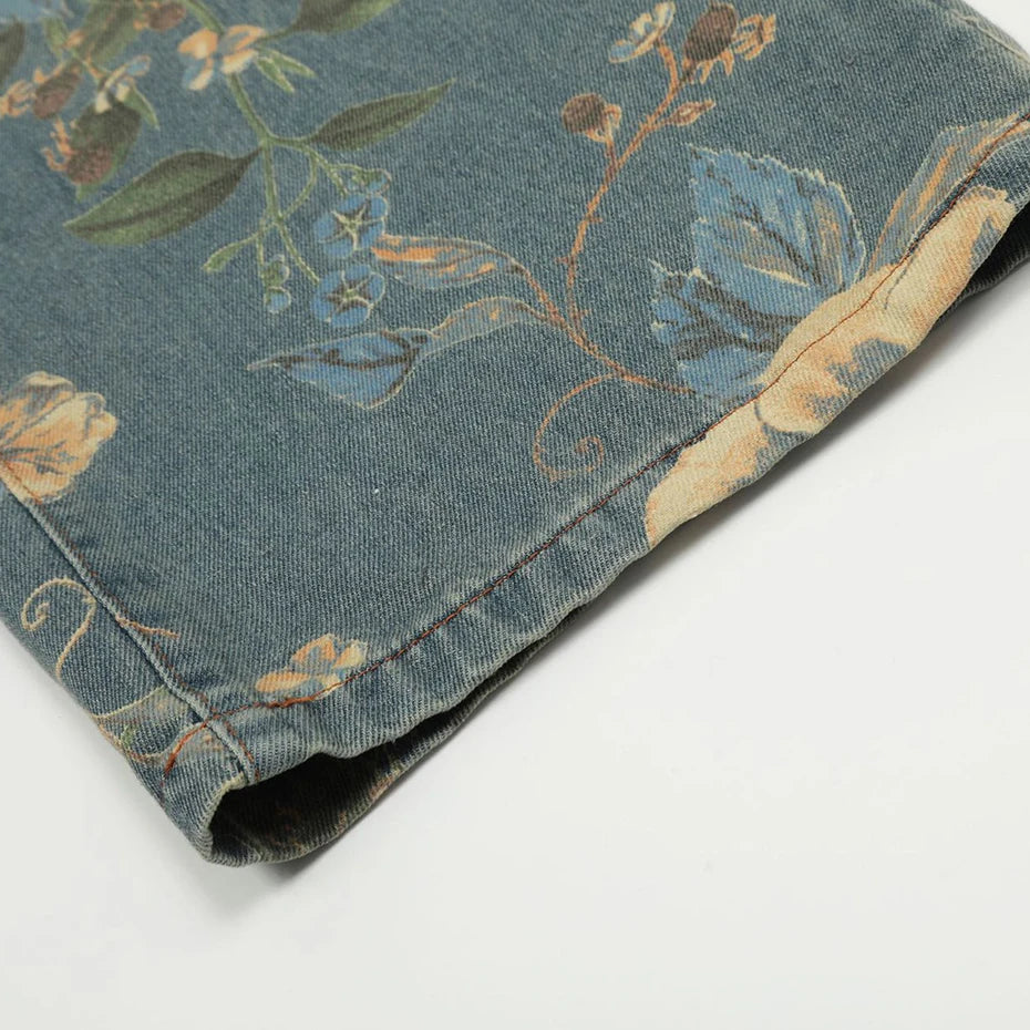 Vintage Blue Flower Print Denim Baggy Jeans — fabric close-up