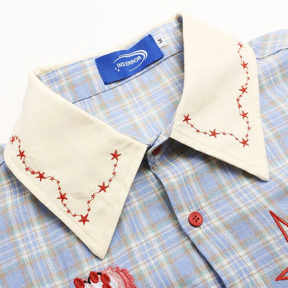Vintage Cartoon Plaid Embroidered Loose Shirt — back view
