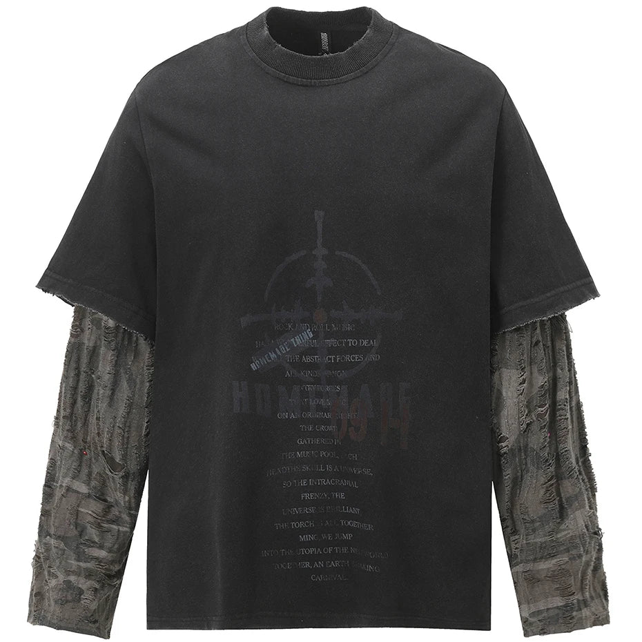 Vintage Camouflage Patchwork Long Sleeve Tee — styling shot