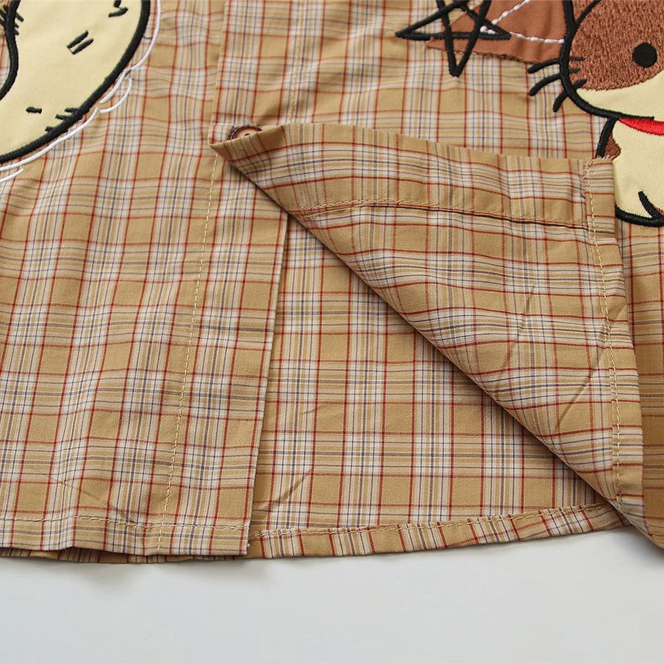 Vintage Cat Plaid Graphic Loose Shirt — fabric close-up