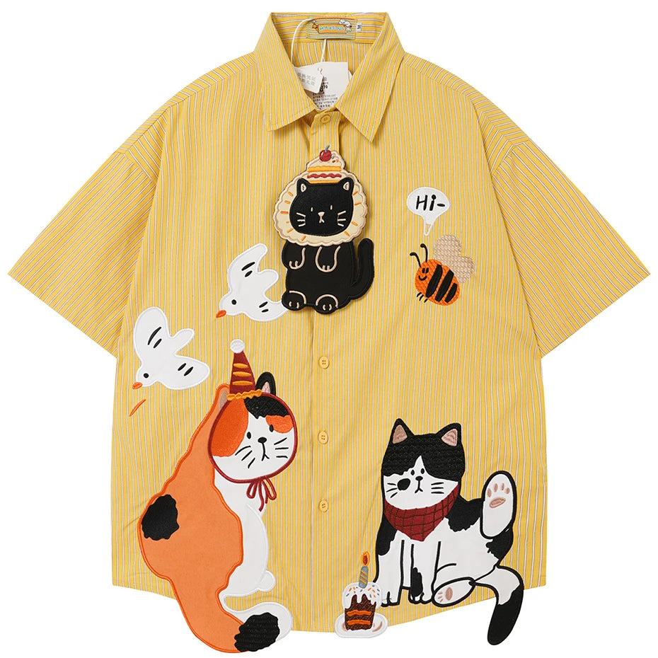 Button Cat Embroidered Loose Shirt — styling shot