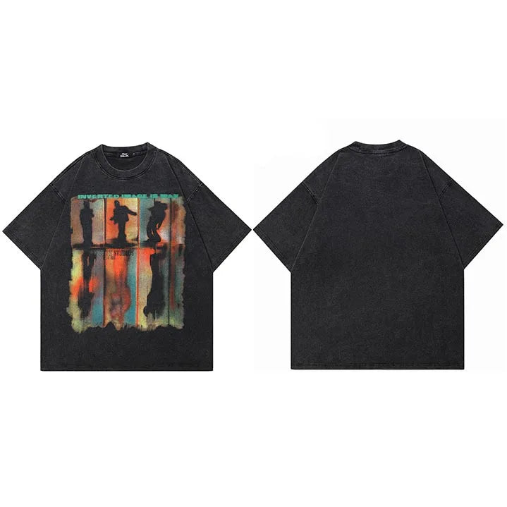Vintage Black Shadow Graphic Oversized T-Shirt — fabric close-up
