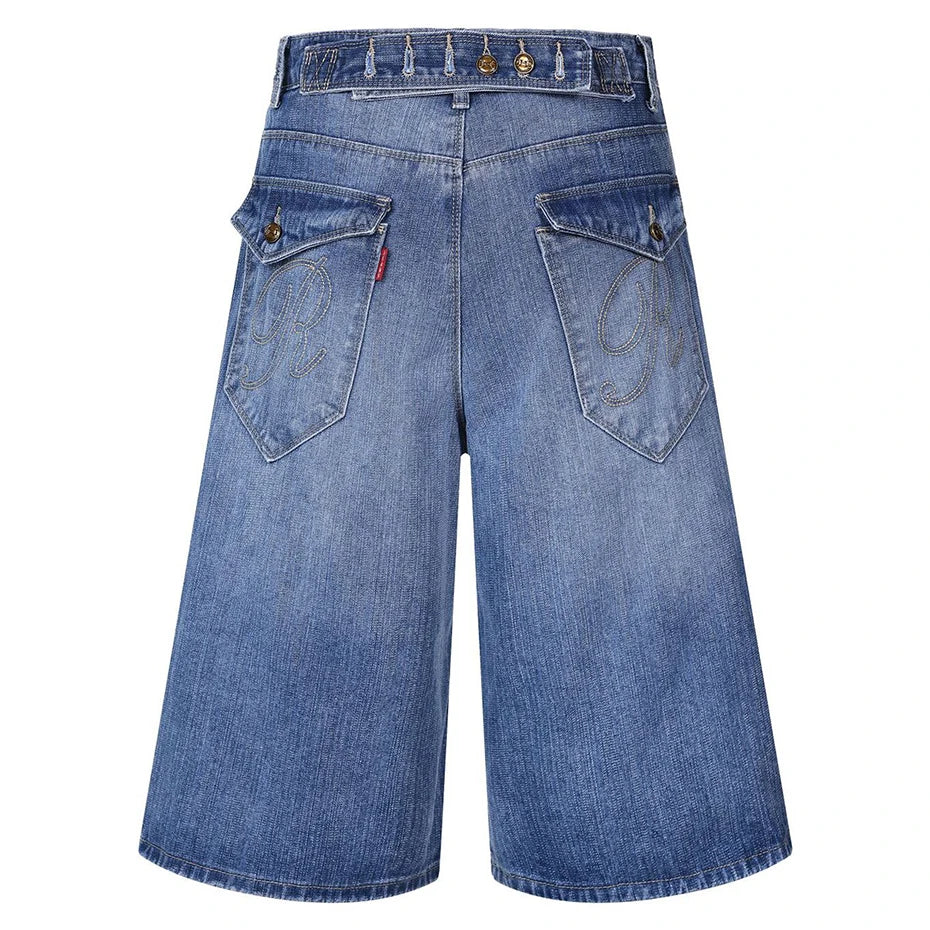 Black Blue Loose Denim Shorts — front view
