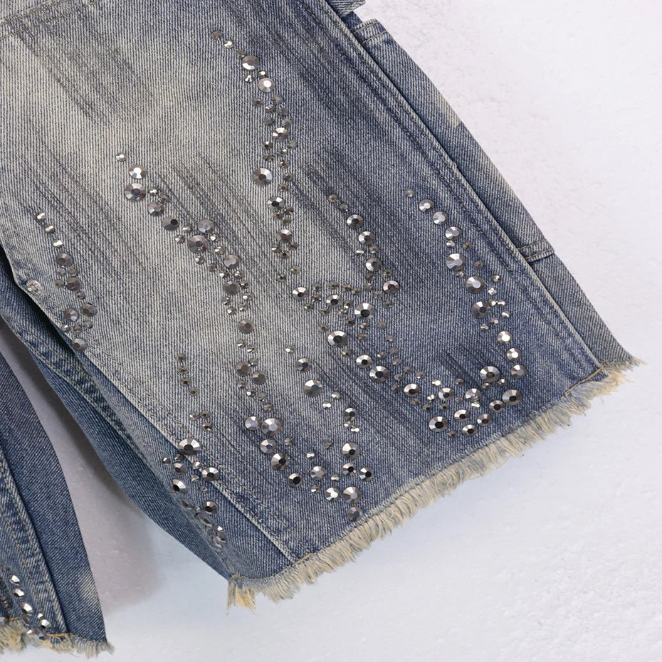 Vintage Fire Rhinestone Graphic Denim Shorts — fabric close-up