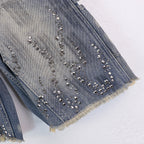 Vintage Fire Rhinestone Graphic Denim Shorts — fabric close-up