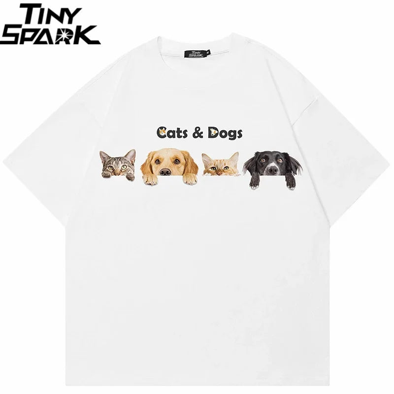 Y2K White Cats Graphic T-Shirt — front view
