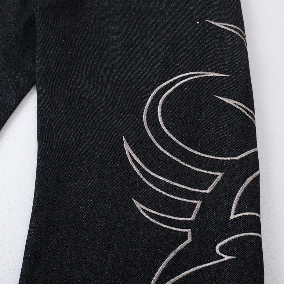 Black Embroidered Denim Baggy Jeans — fit shot