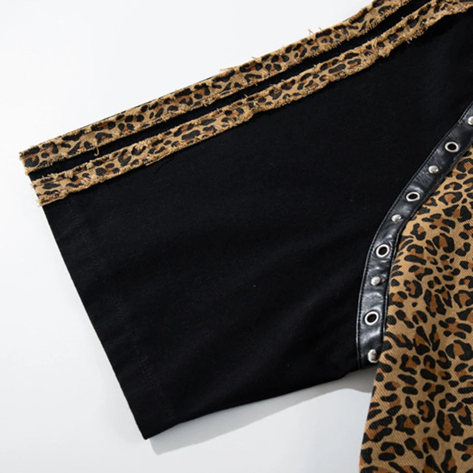 Y2K Leopard Patchwork Oversized T-Shirt — fabric close-up