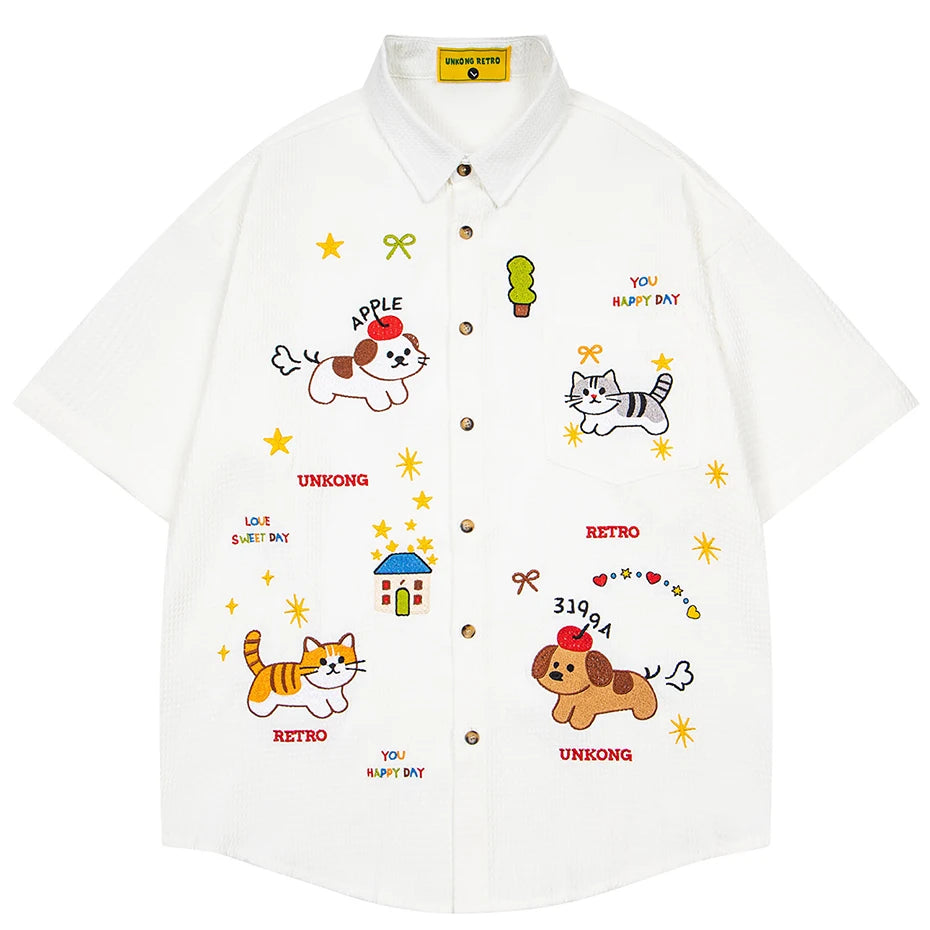 Cartoon Cat Graphic Loose Shirt — back view