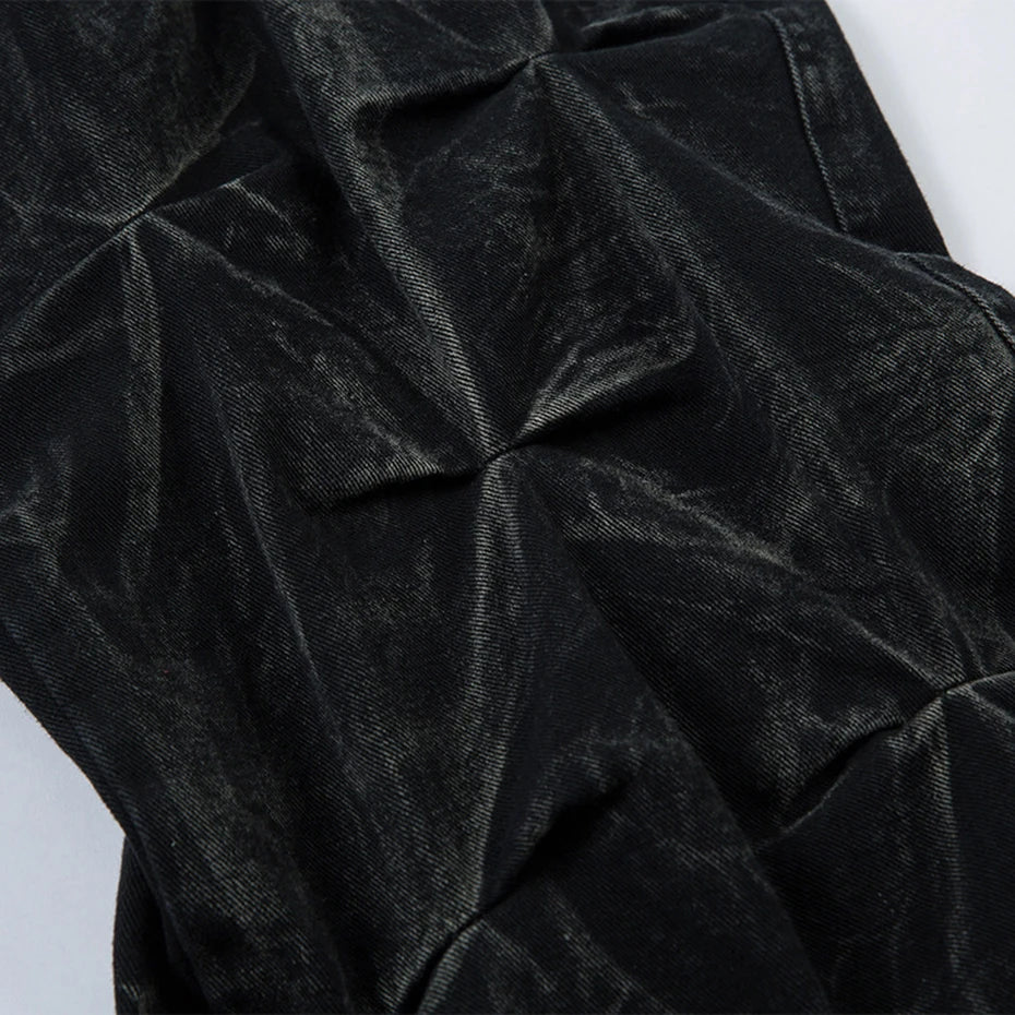 Black Pleated Denim Baggy Jeans — detail shot