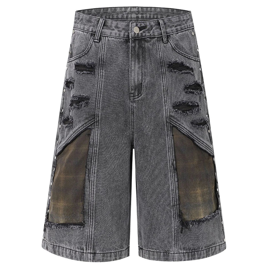 Vintage Blue Plaid Ripped Denim Shorts — back view