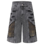 Vintage Blue Plaid Ripped Denim Shorts — back view