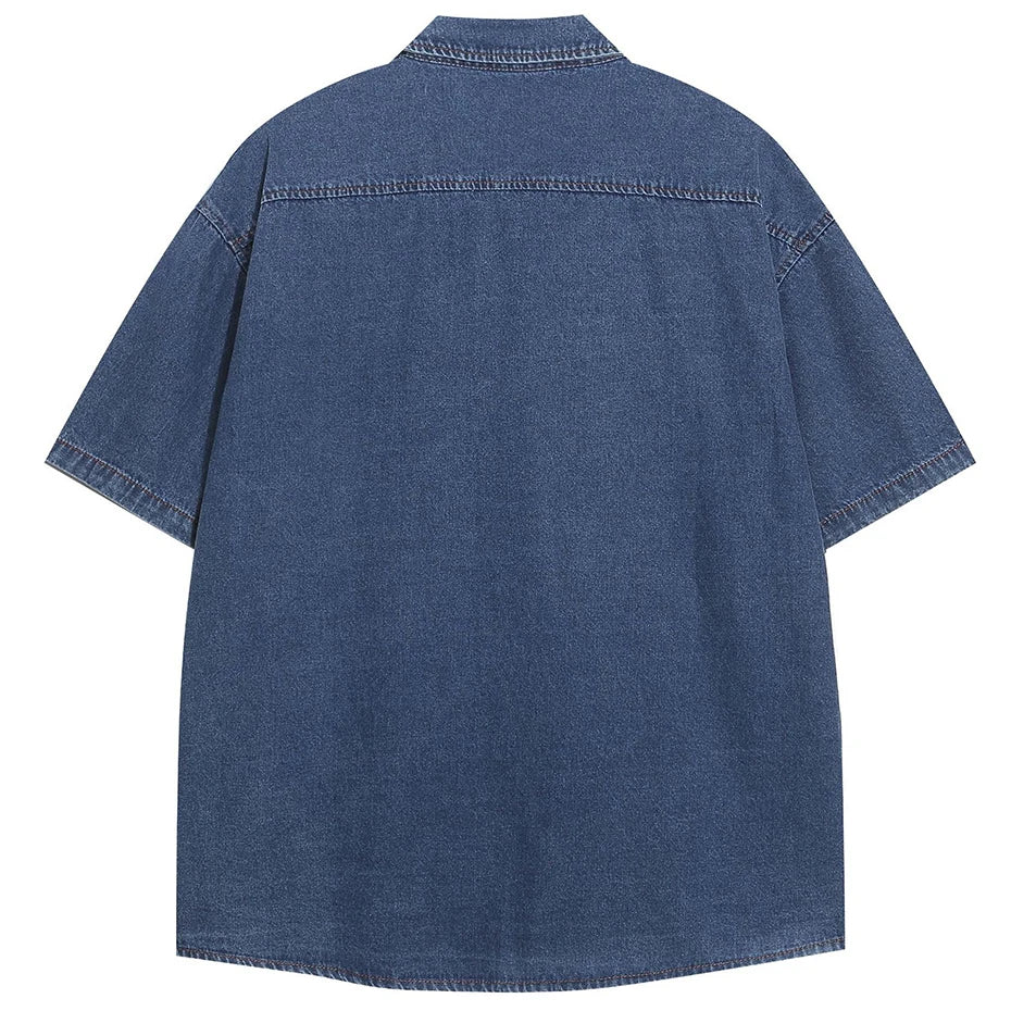 Vintage Cat Embroidered Denim Loose Shirt — front view