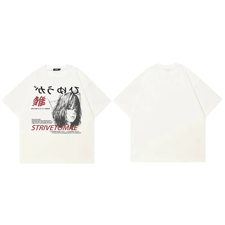 Tshirt Y2K White Anime Cartoon Graphic T-Shirt — fabric close-up