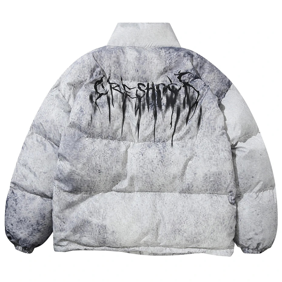 Y2K Letter Tie Dye Padded Oversized Puffer Jacket — flat lay
