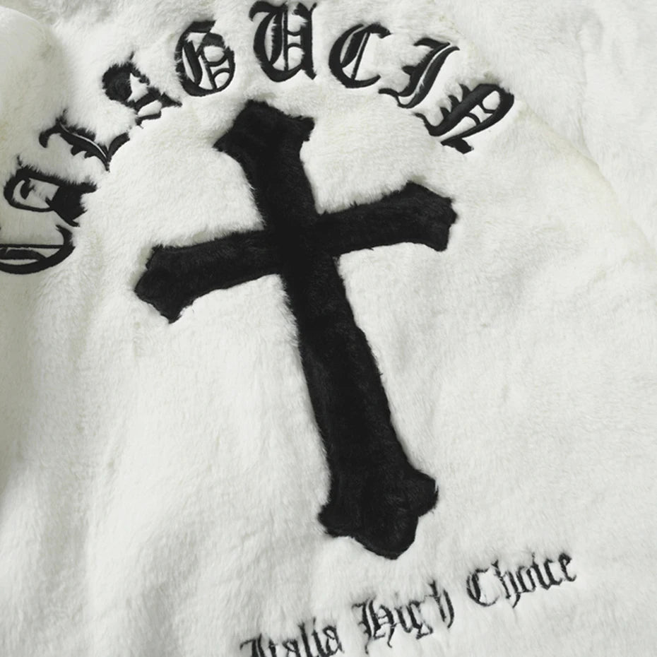 Black Cross Embroidered Fleece Oversized Coat — fit shot
