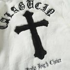 Black Cross Embroidered Fleece Oversized Coat — fit shot