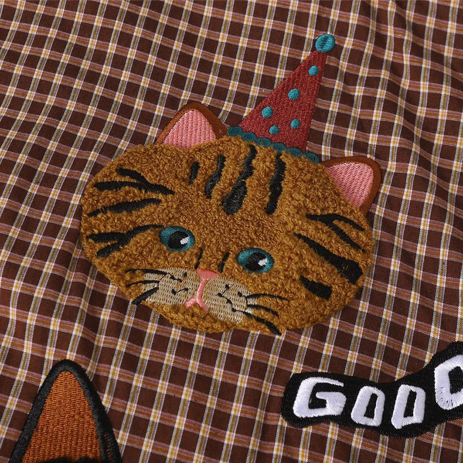 Vintage Plaid Cat Embroidered Shirt — fit shot