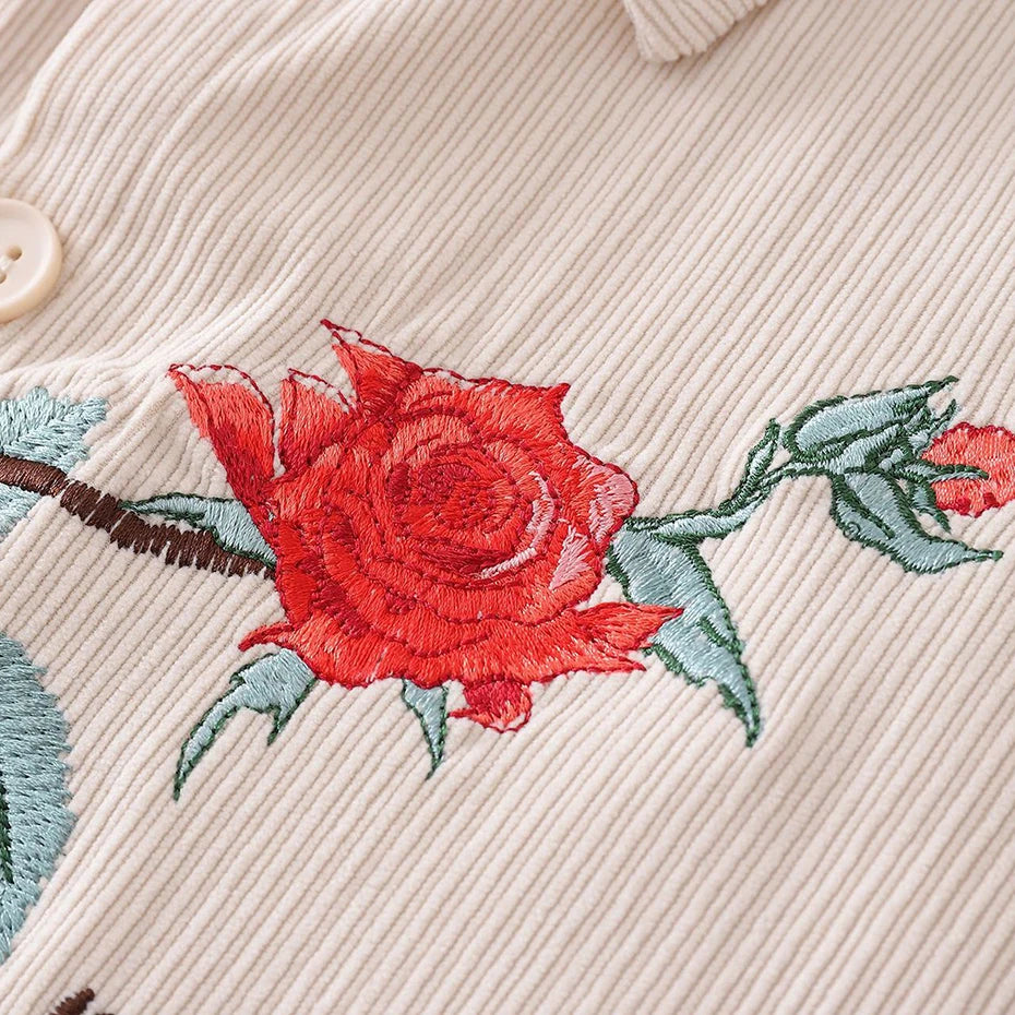 Vintage Rose Embroidered Corduroy Loose Shirt — fit shot
