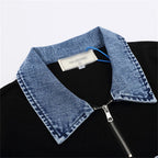 Y2K Black Letter Denim Oversized Polo Shirt — fit shot