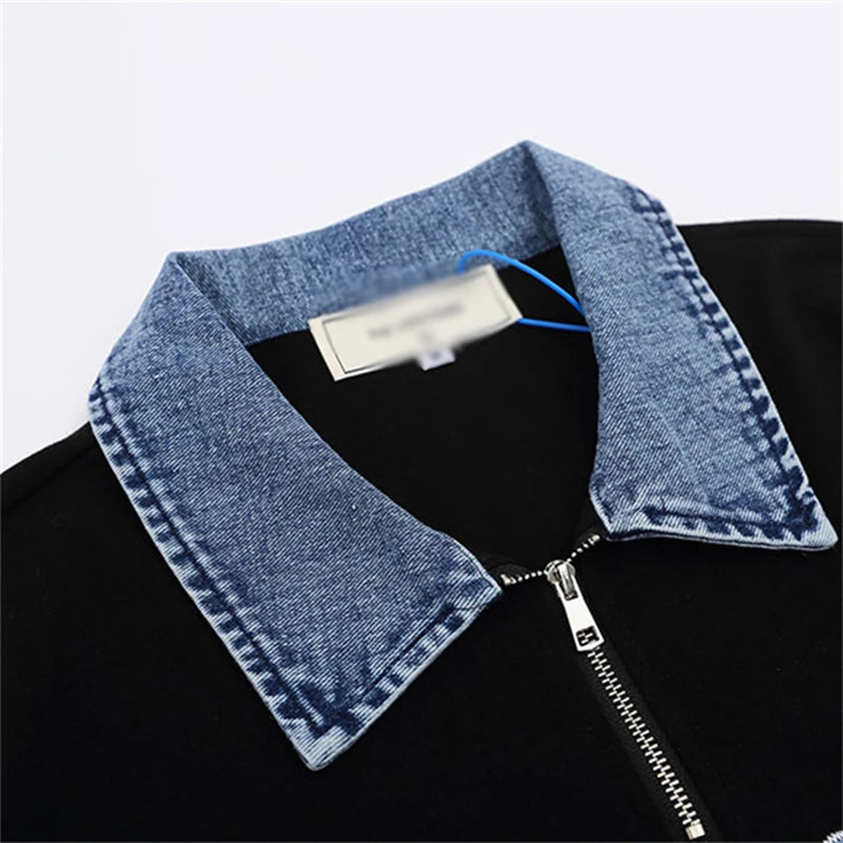 Y2K Black Letter Denim Oversized Polo Shirt — fit shot