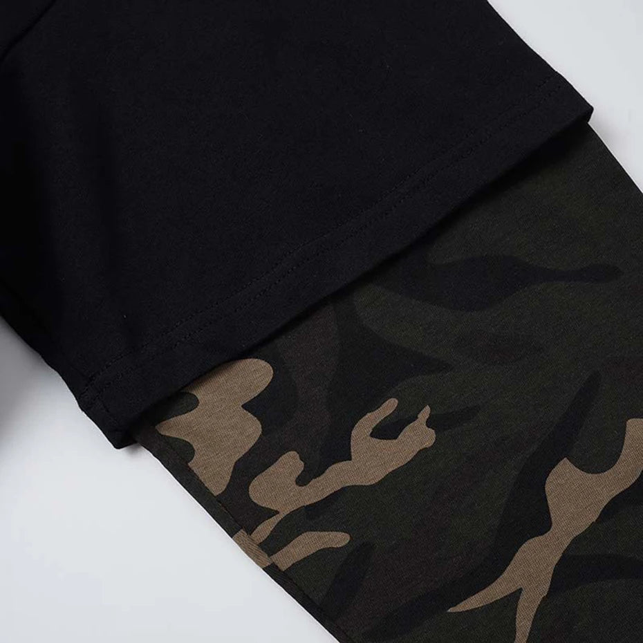 Y2K Vintage Camouflage Patchwork Oversized Long Sleeve Tee — fabric close-up